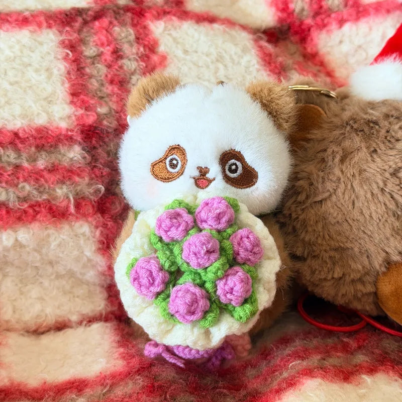 黒白と茶色のパンダ ぬいぐるみキーホルダー かぎ針編み花束