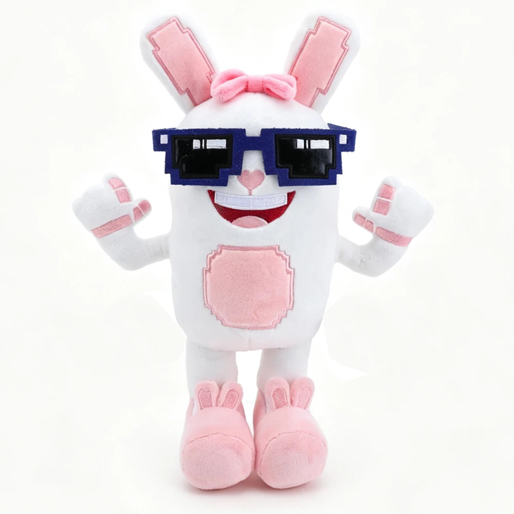 ピクセルサングラスの 白うさぎ ぬいぐるみ ピンクのリボンとスリッパ