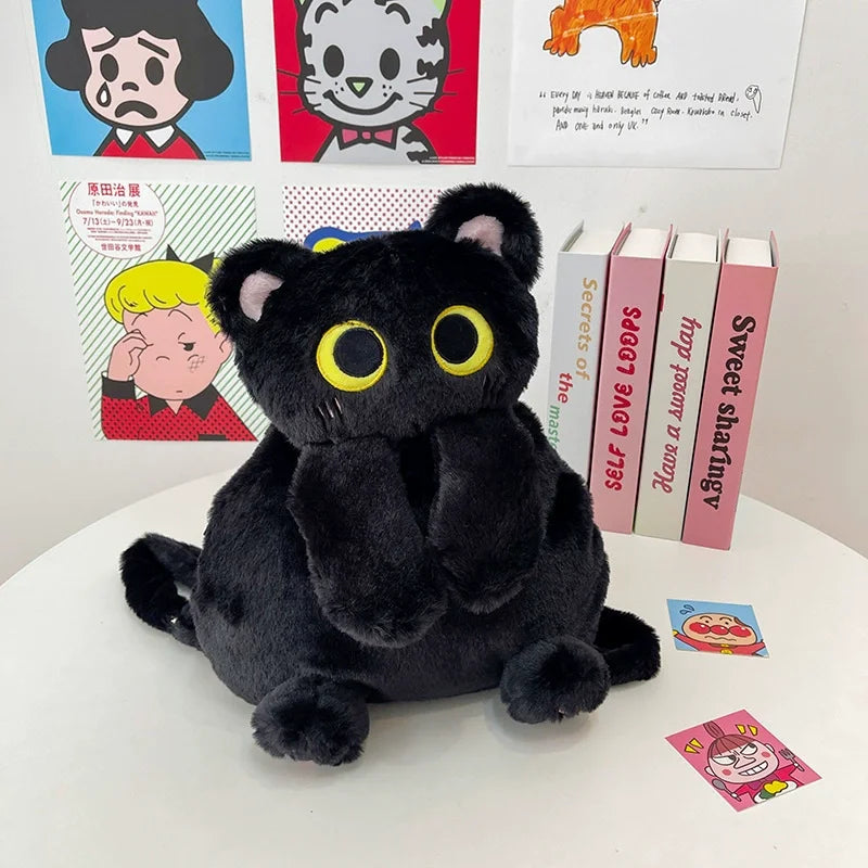 もこもこ黒猫の大きな目 ぬいぐるみリュック