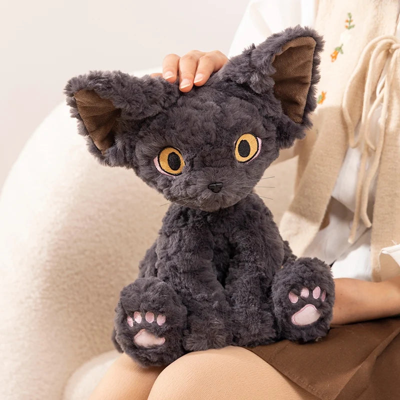 ふわふわチャコールグレー 大きな耳の猫ぬいぐるみ 黄色い目