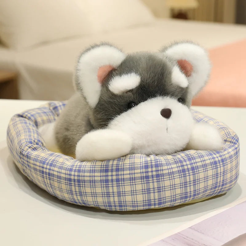 ふわふわ子犬のぬいぐるみ チェック柄ベッド入り