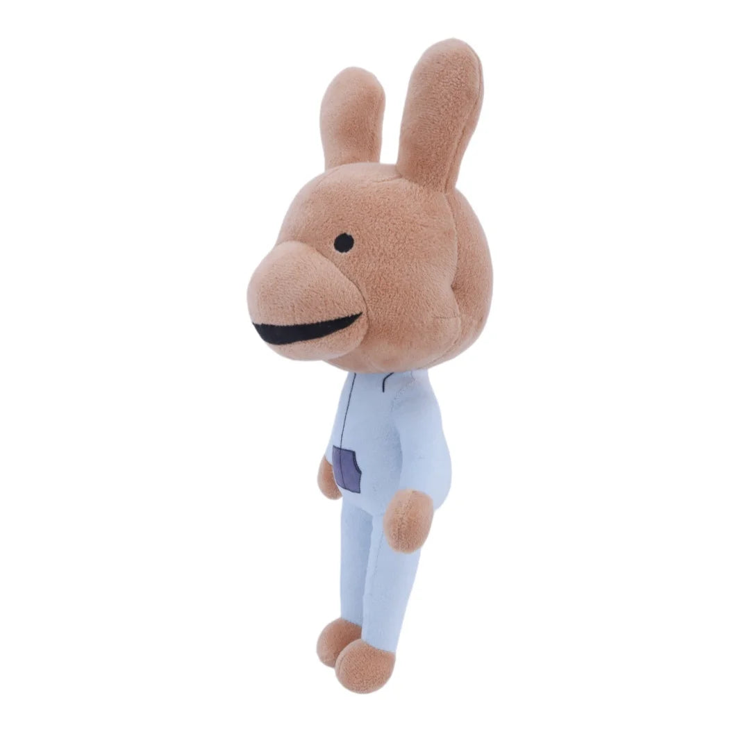 笑顔のうさぎキャラクターぬいぐるみ 水色つなぎ