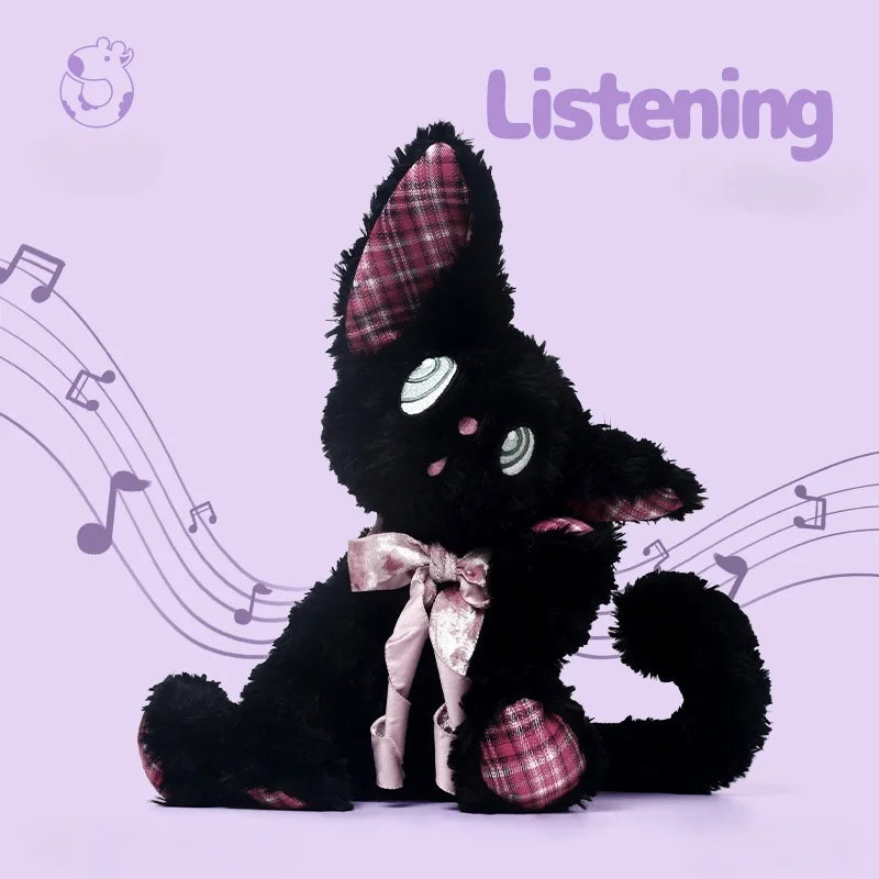 くるくる目の ふわふわ 黒猫 ぬいぐるみ ピンクチェック