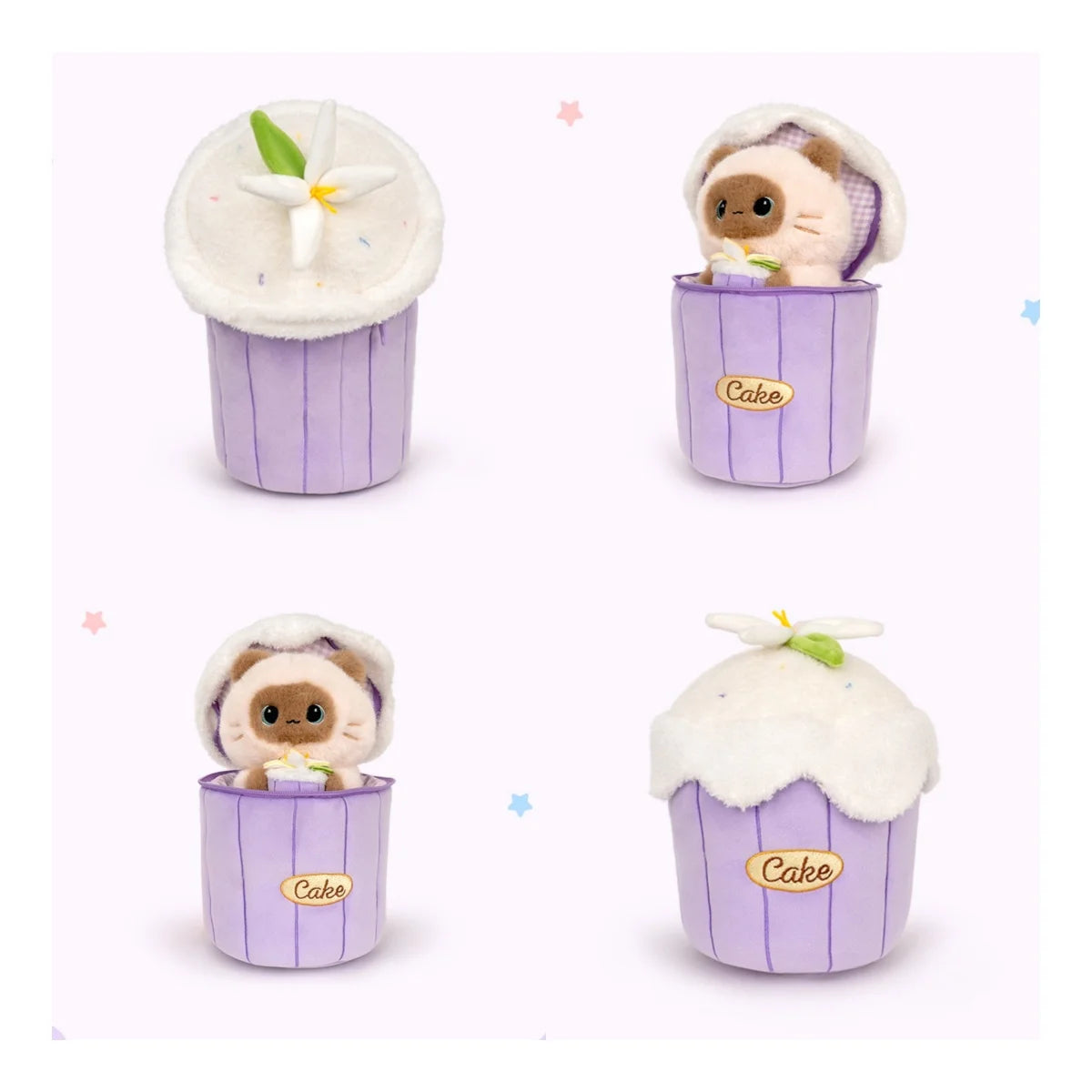 ラベンダー ケーキカップ入り もこもこフード シャム猫風 ぬいぐるみ
