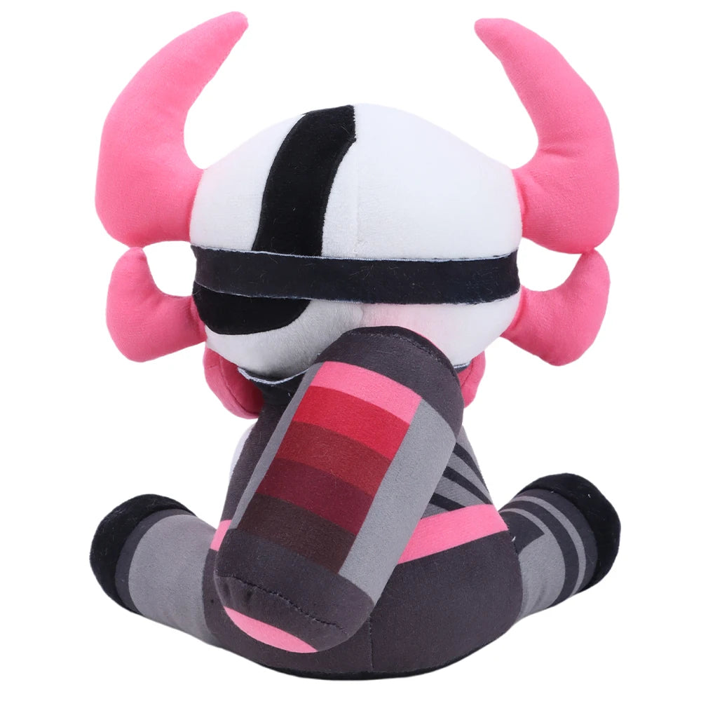 ピンクの角と黒い目元、ガスマスク風のぬいぐるみ