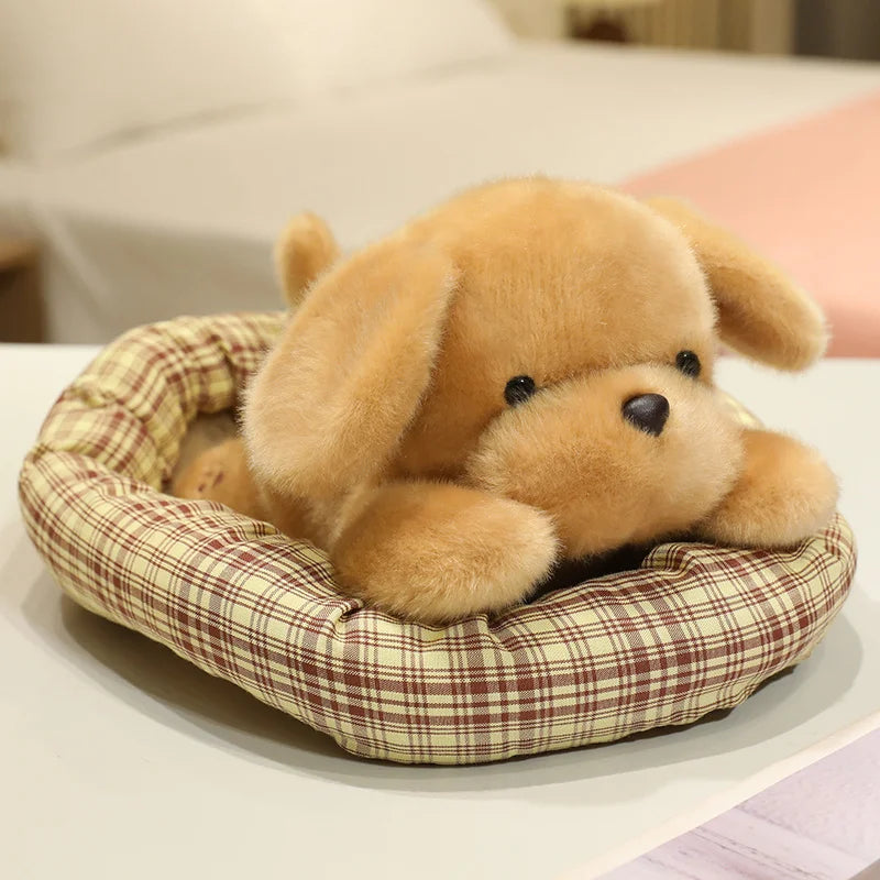 ふわふわ子犬のぬいぐるみ チェック柄ベッド入り