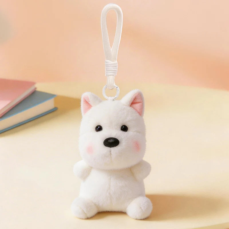 ふわふわの白い子犬ぬいぐるみキーホルダー