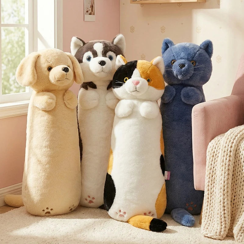 Cute Animal Plush Toy Long Brown Grey Blue Sleeping Cats Dogs Leg Pillow Squishy Little Animal Doll Appeasing Plushie Gift