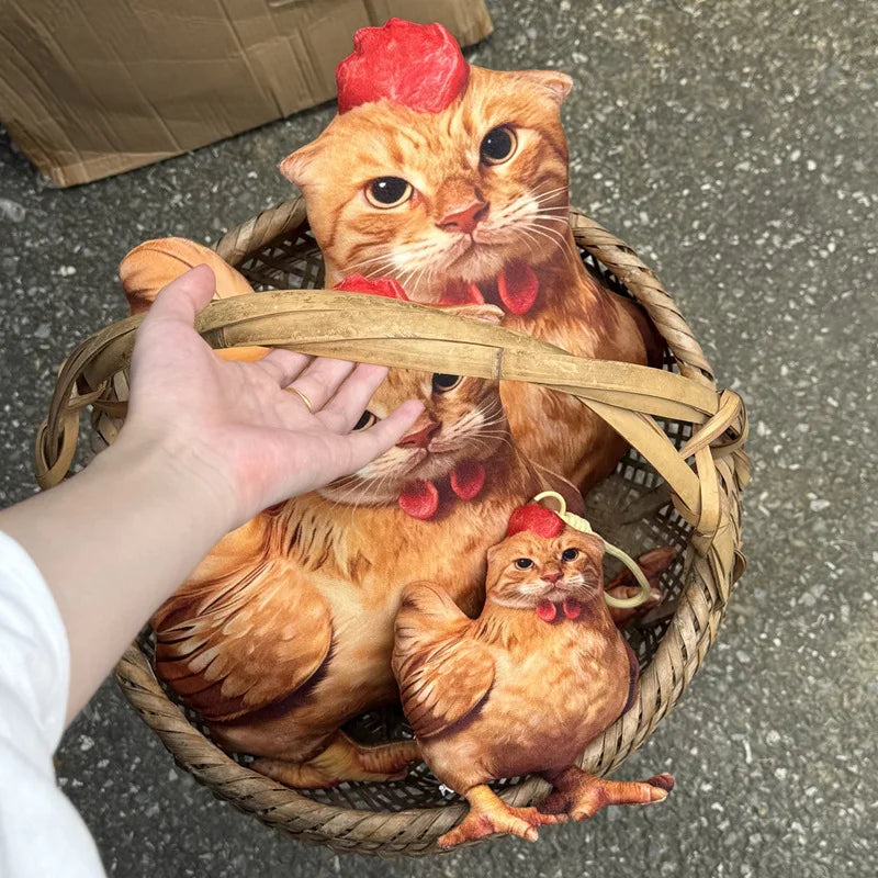 リアルプリント 鶏猫デザイン ふわふわクッション