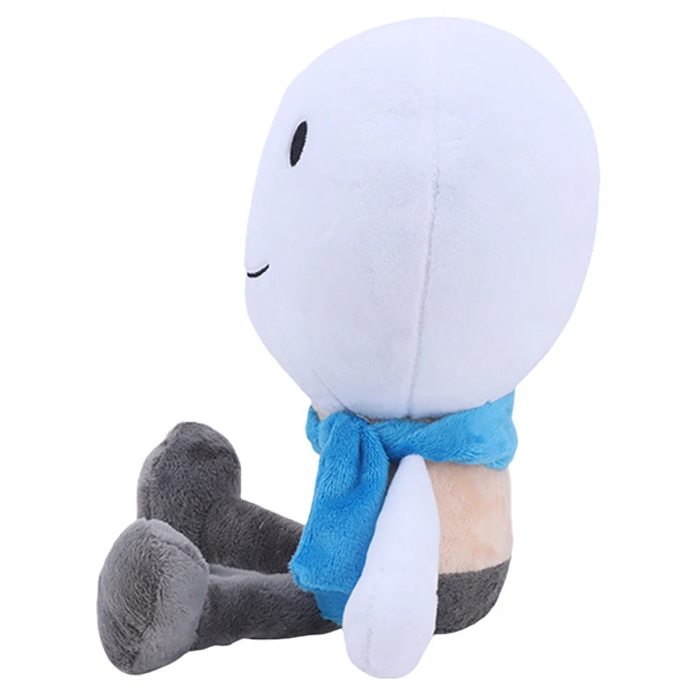 白い笑顔キャラクターの青いマフラーぬいぐるみ