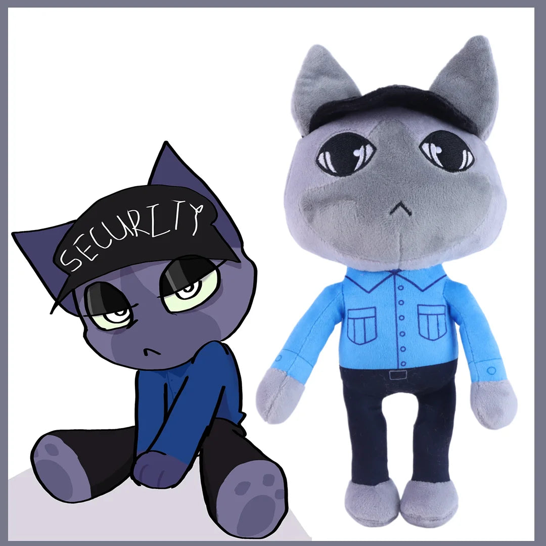 グレー猫の警備員ぬいぐるみ ブルー制服とキャップ