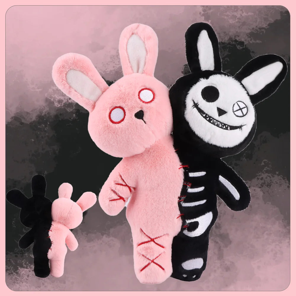 ピンクと黒の赤ステッチ 半分ガイコツうさぎぬいぐるみ