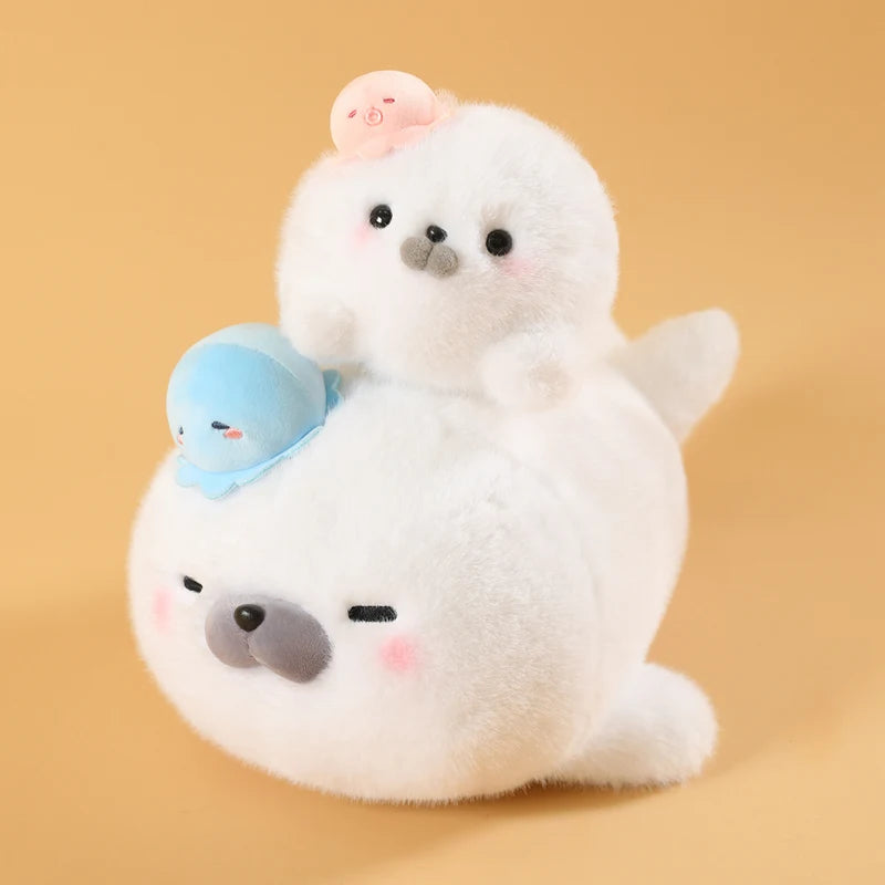 ふわふわ 白い アザラシ 親子 ぬいぐるみ 3段積み ミニタコ付き