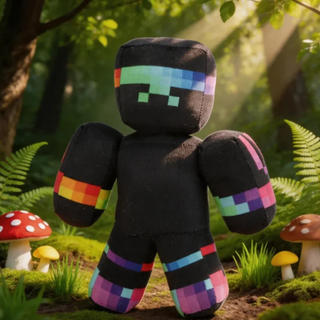 ぬいぐるみ レインボーピクセル柄の黒いブロックキャラクター