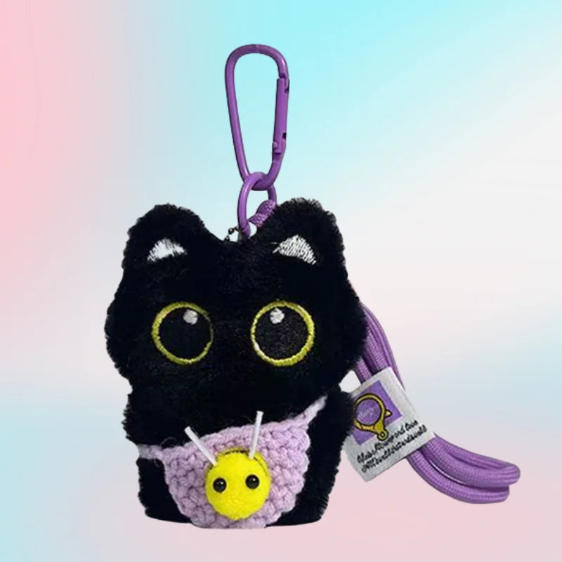 大きな目の黒猫 ぬいぐるみキーホルダー かぎ針編みスタイ ニコちゃん付き