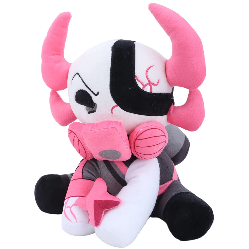 ピンクの角と黒い目元、ガスマスク風のぬいぐるみ