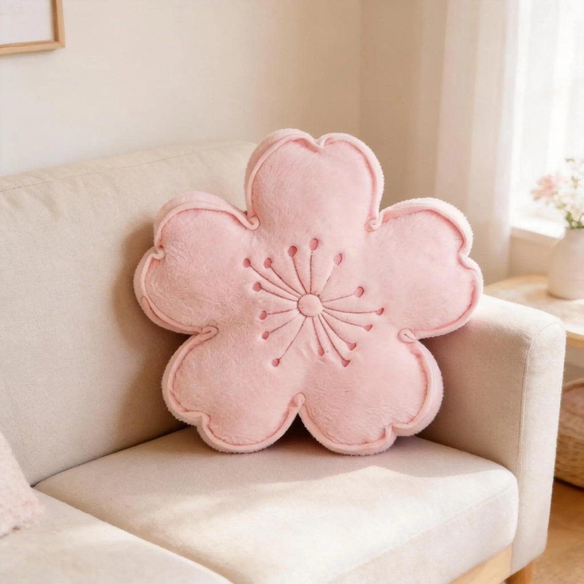 ふわふわ桜型クッション 淡いピンクの刺繍入り