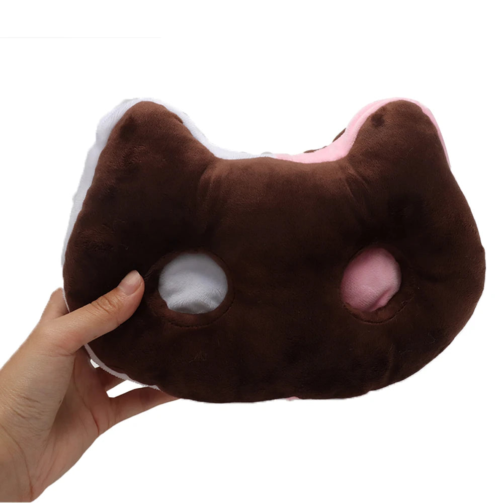 ふわふわ 猫顔 クッション ダークブラウン ピンク耳と目穴