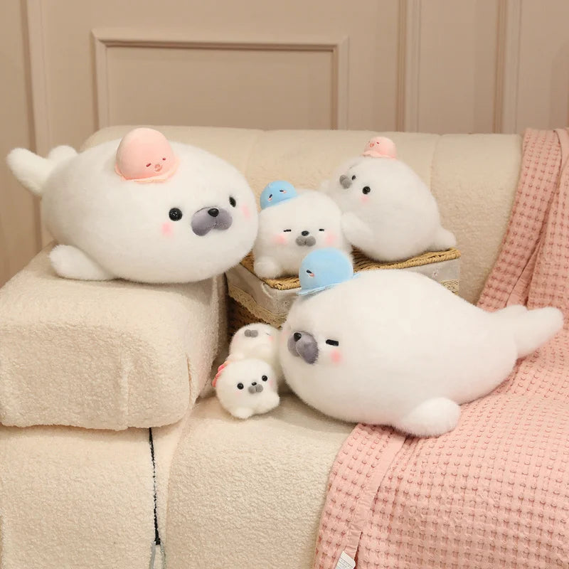 ふわふわ 白い アザラシ 親子 ぬいぐるみ 3段積み ミニタコ付き