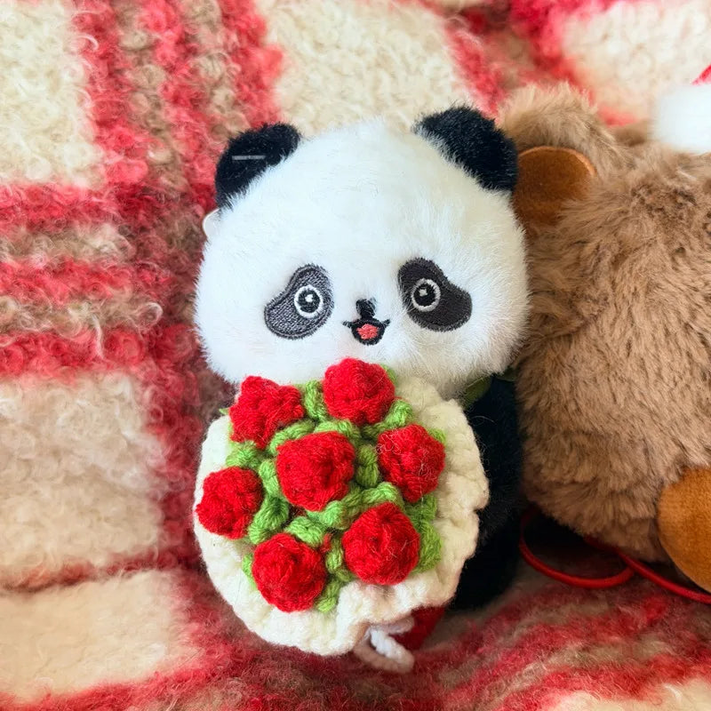 黒白と茶色のパンダ ぬいぐるみキーホルダー かぎ針編み花束