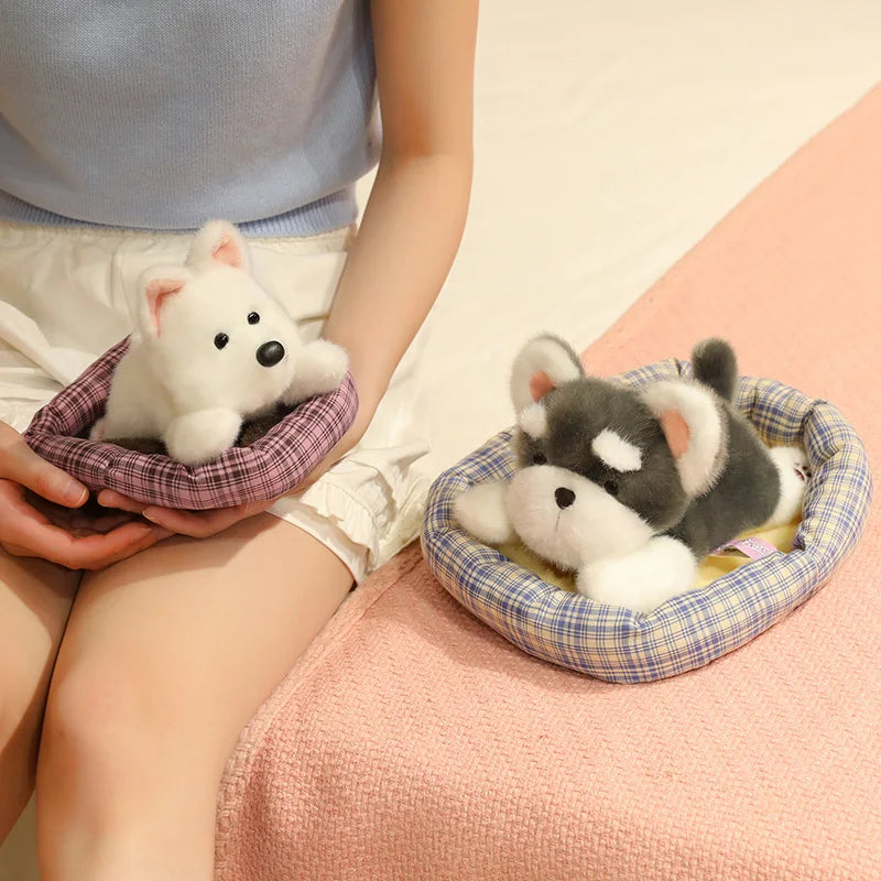 ふわふわ子犬のぬいぐるみ チェック柄ベッド入り