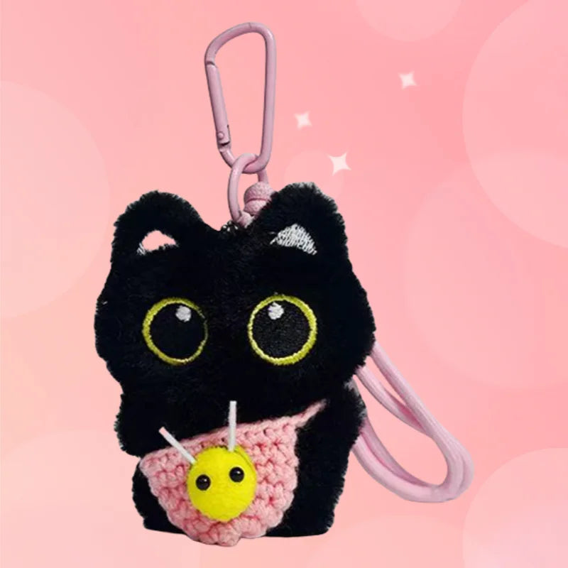 大きな目の黒猫 ぬいぐるみキーホルダー かぎ針編みスタイ ニコちゃん付き