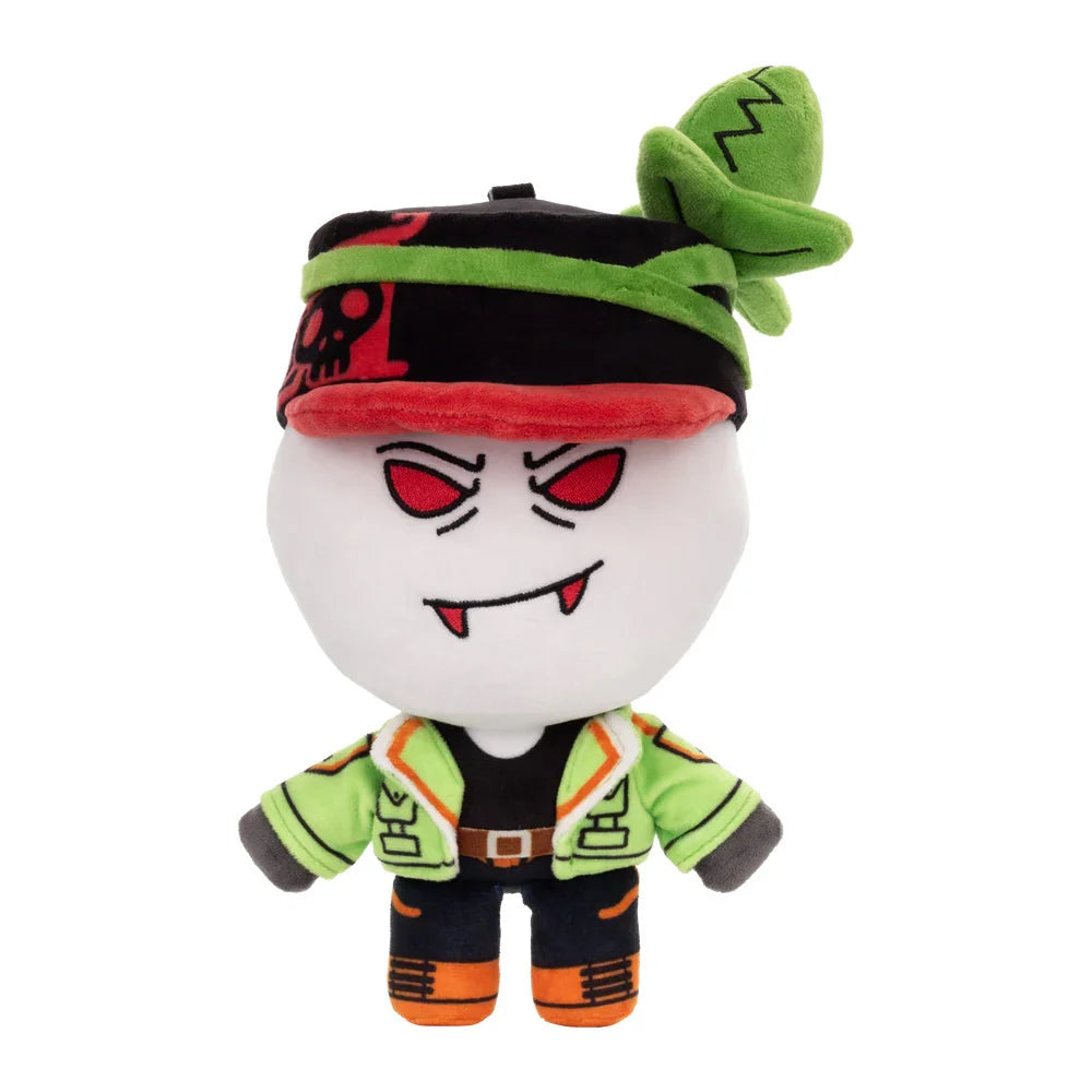 赤目と牙がユニークな、緑の帽子とジャケットのキャラクターぬいぐるみ
