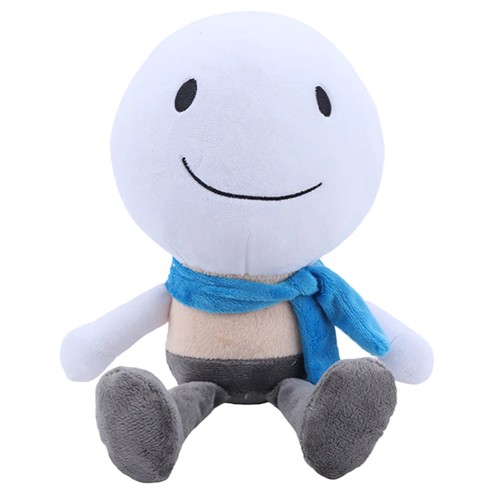 白い笑顔キャラクターの青いマフラーぬいぐるみ