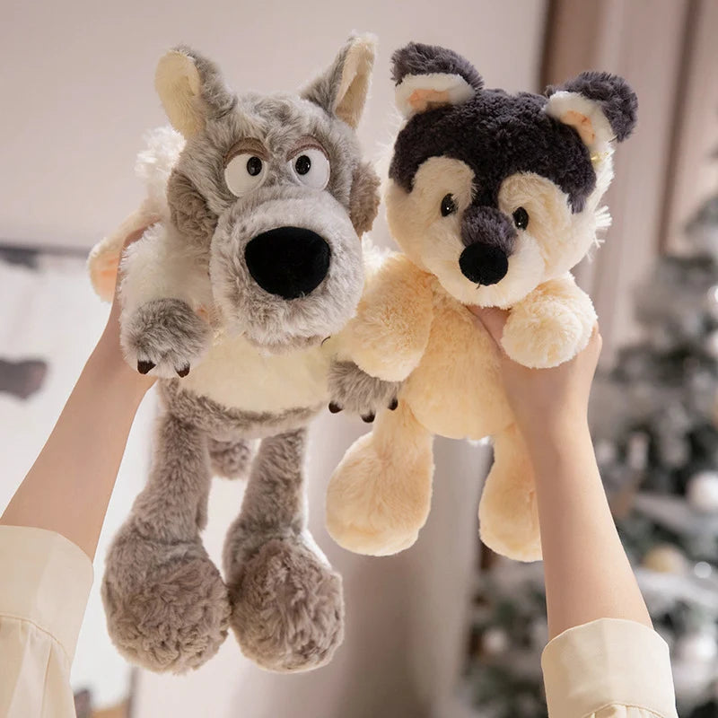 グレーオオカミとハスキー子犬のふわふわぬいぐるみ