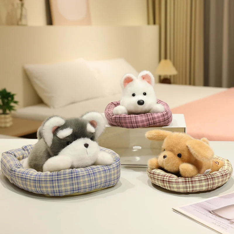 ふわふわ子犬のぬいぐるみ チェック柄ベッド入り