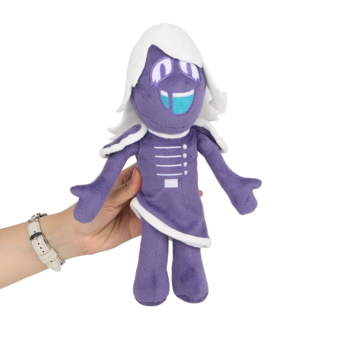 白い髪と水色の口が特徴の紫のキャラクターぬいぐるみ
