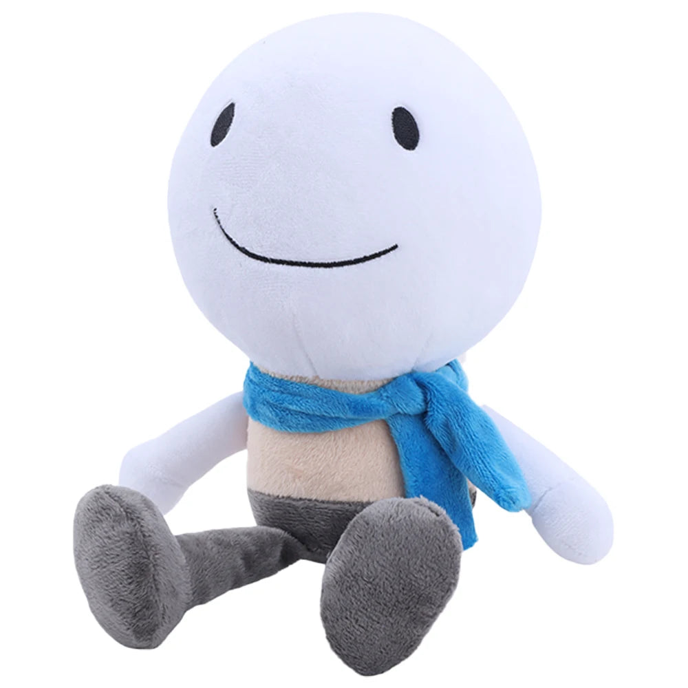 白い笑顔キャラクターの青いマフラーぬいぐるみ