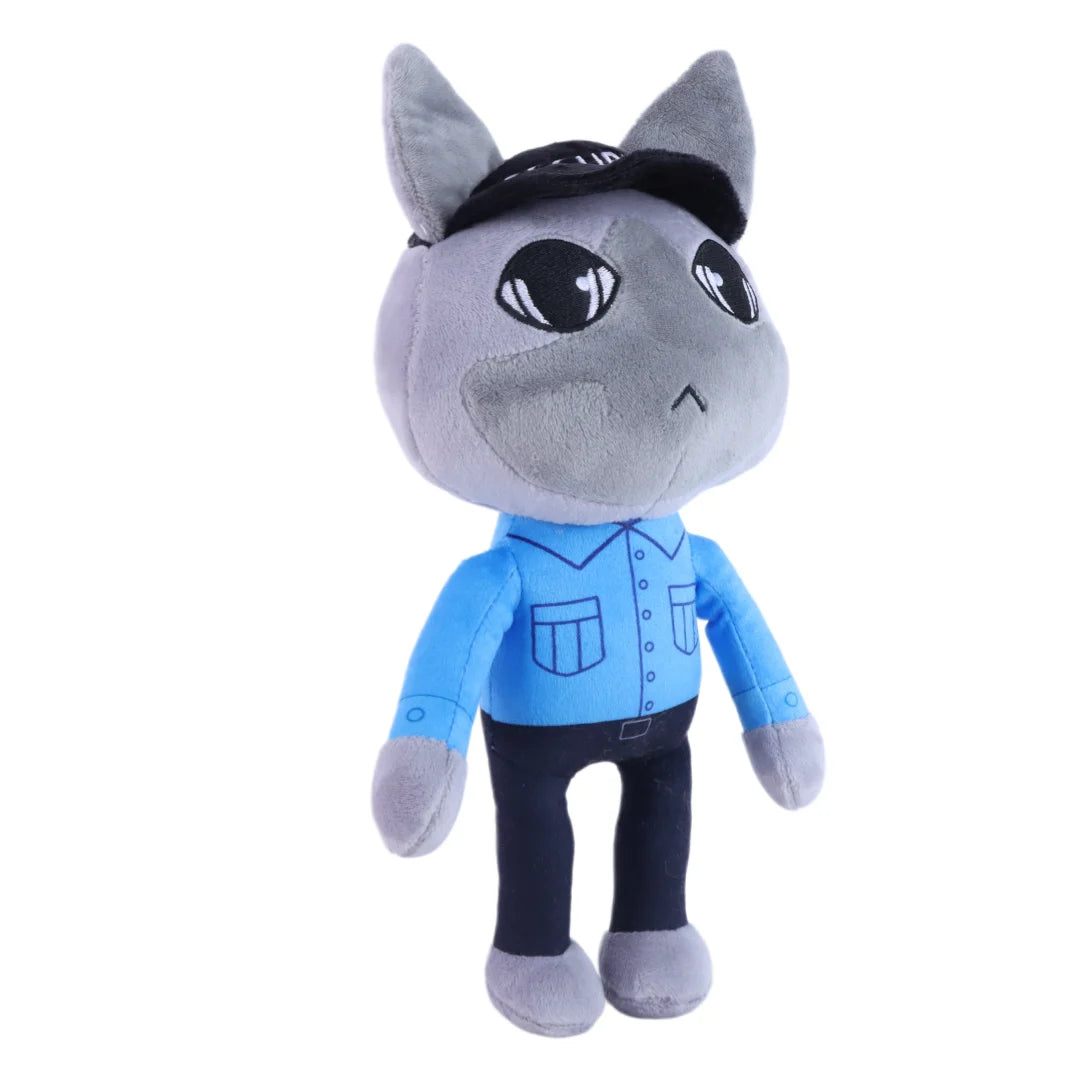 グレー猫の警備員ぬいぐるみ ブルー制服とキャップ