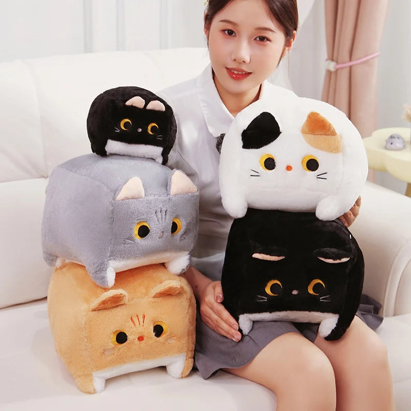 Lovely Square Cat Plush Toy Fluffy Black Cat Pillow Stuffed Little Kitten Animal Plush Doll Kawaii Home Decoration Birthday Gift