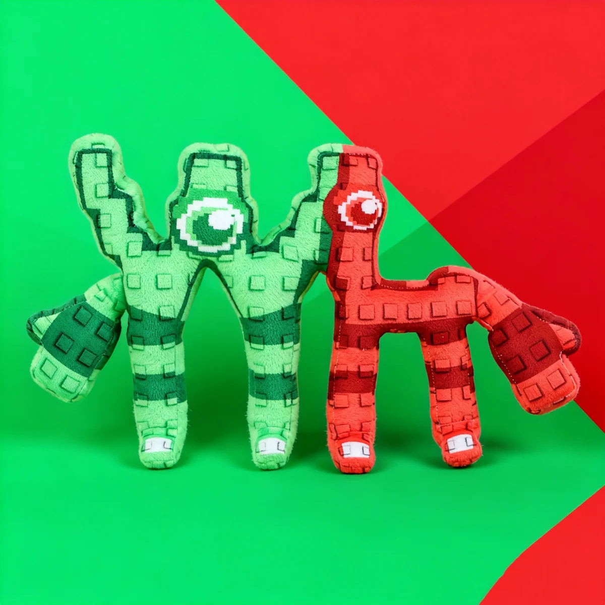 ピクセル ブロック モンスター ぬいぐるみ 緑と赤のセット