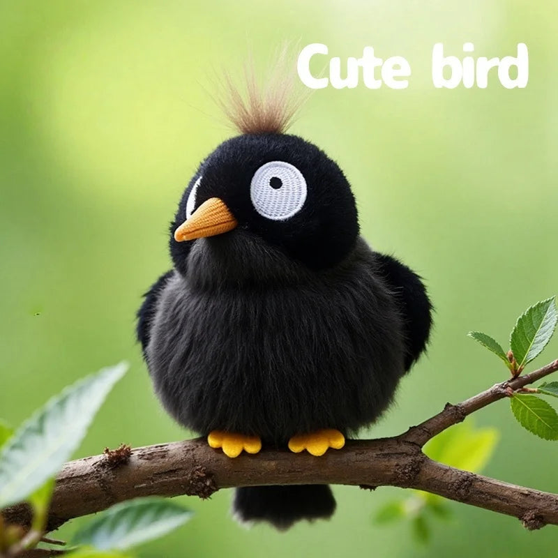 もじゃ毛のまんまる鳥ぬいぐるみ つぶらな瞳 黒×グレー