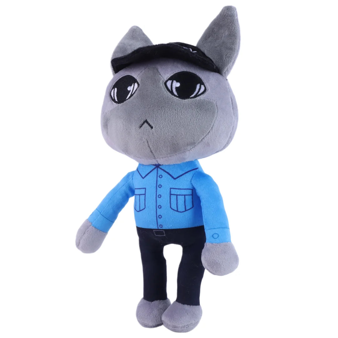 グレー猫の警備員ぬいぐるみ ブルー制服とキャップ