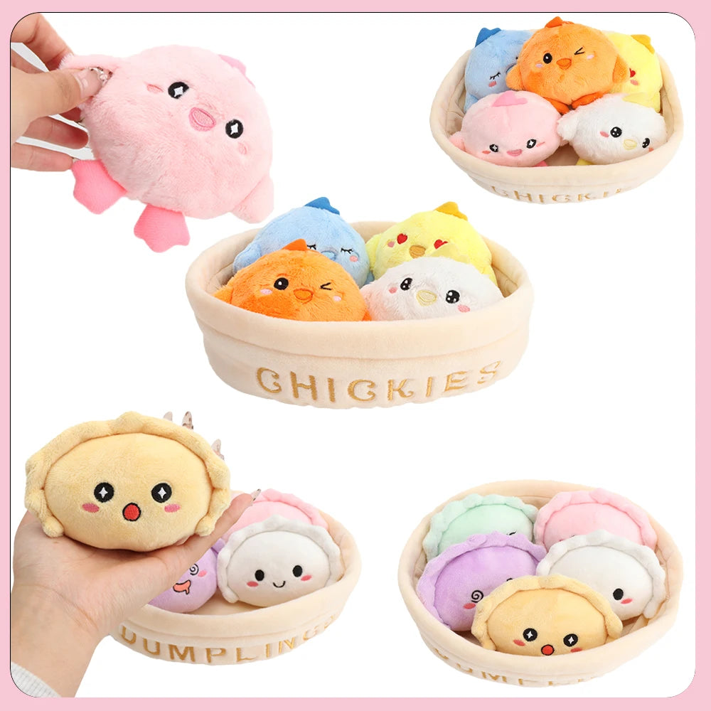 かわいい ふわふわ ミニ ぬいぐるみ ひよこ と 餃子 バスケット入り