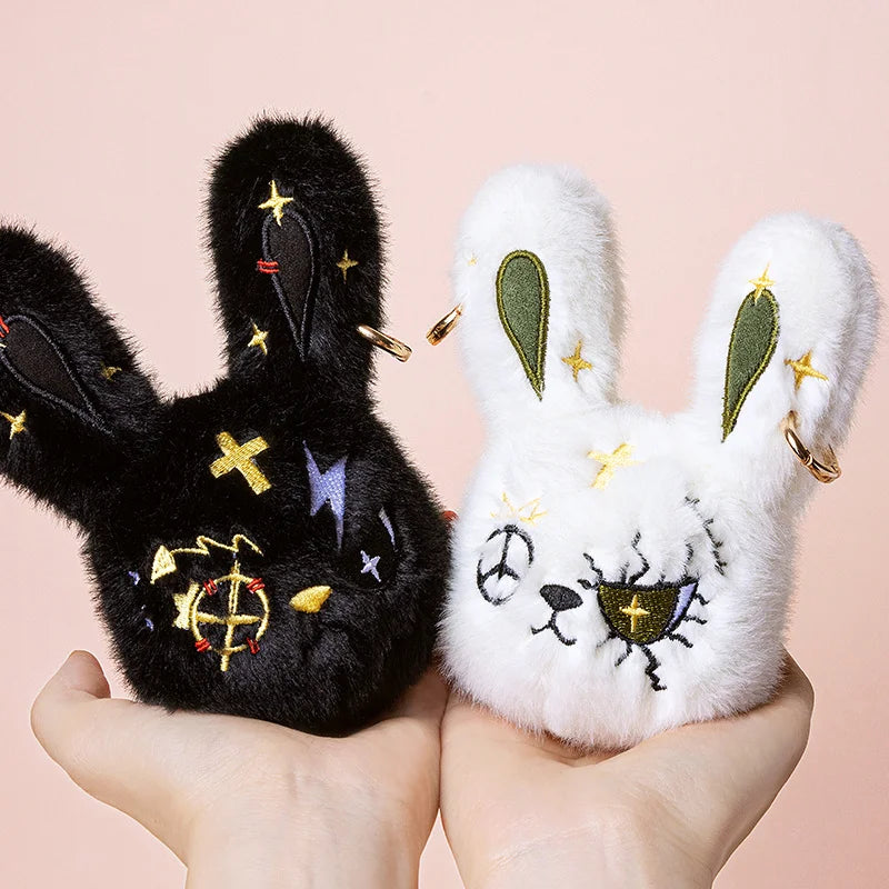 New Gothic Bunny Plush Keychain Animal RabbitBag Charm with Bandage Desian Kawaii Key Ring Pendant Car Bag Ornament Gift