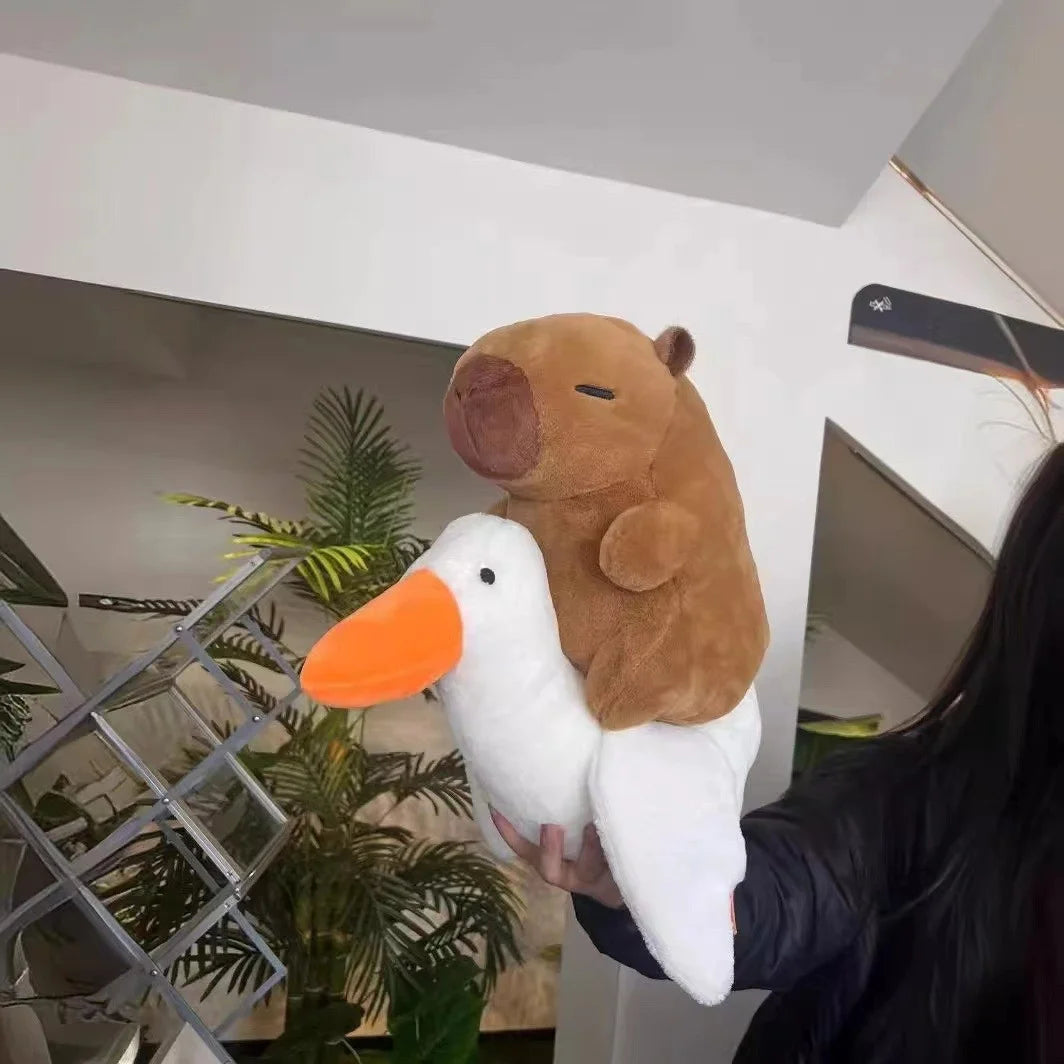 25cm Kawaii Simulation Capybara Plush Toys Kapibala Rides A Goose and A Crocodile Stuffed Animals Toys for Kids Birthday Gifts