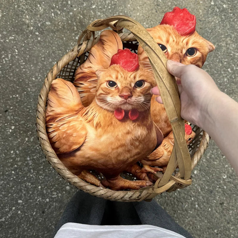 リアルプリント 鶏猫デザイン ふわふわクッション