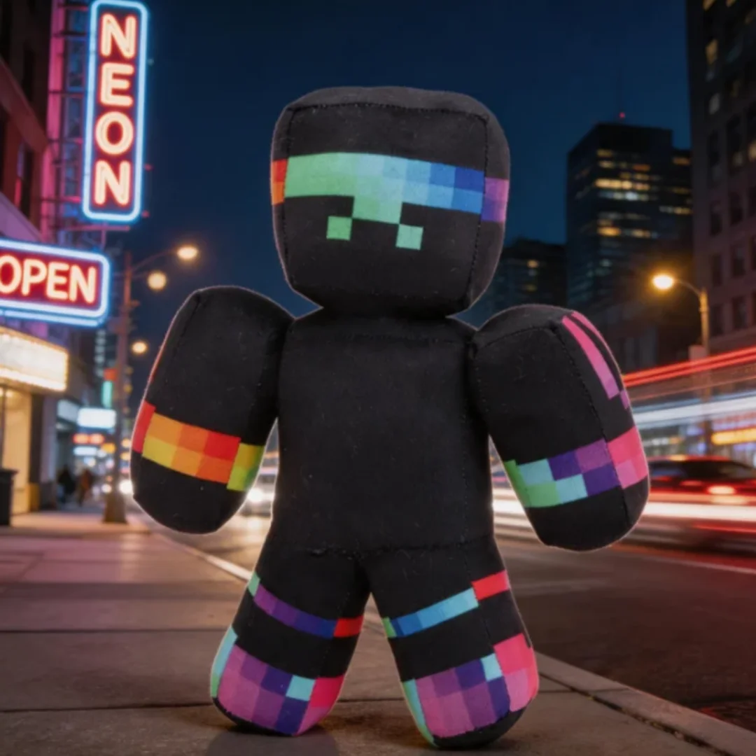 ぬいぐるみ レインボーピクセル柄の黒いブロックキャラクター