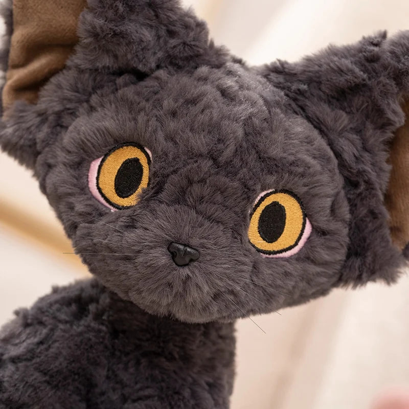 ふわふわチャコールグレー 大きな耳の猫ぬいぐるみ 黄色い目