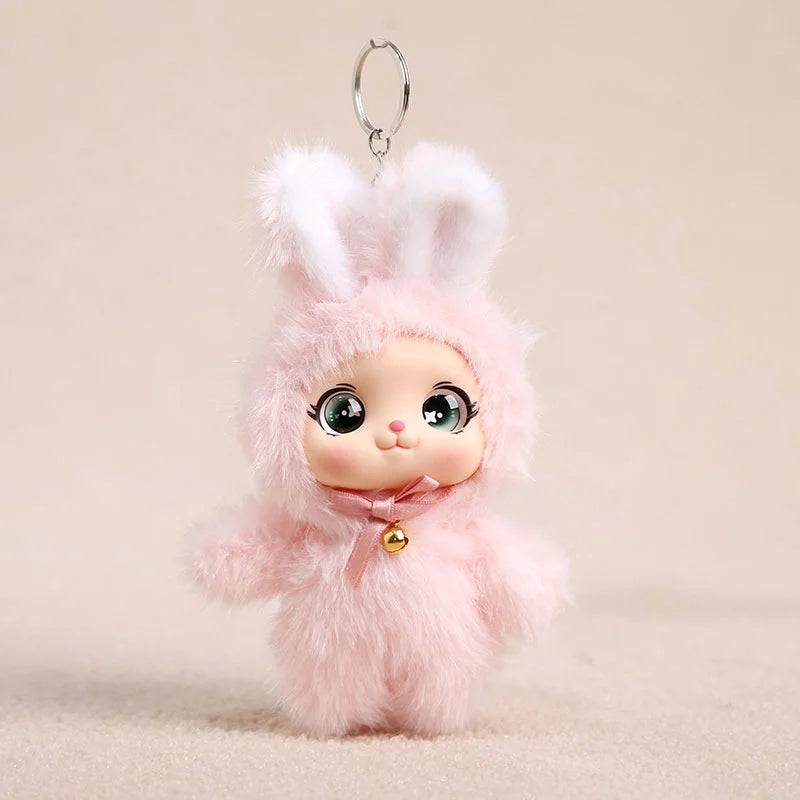 うるうる瞳のふわふわピンクうさぎキーホルダー 鈴付き