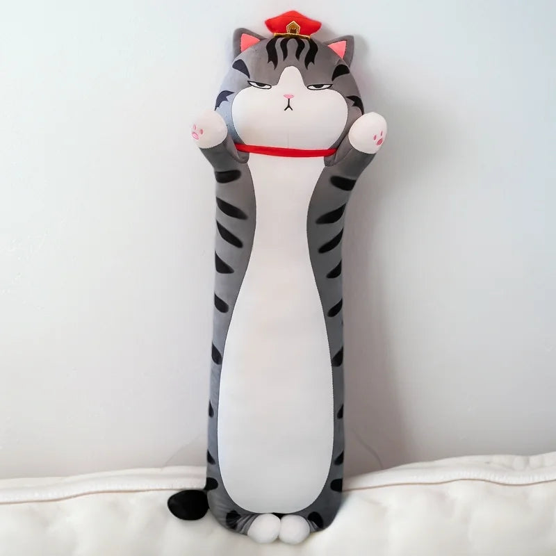長い グレー縞模様 むすっと顔 猫 抱き枕