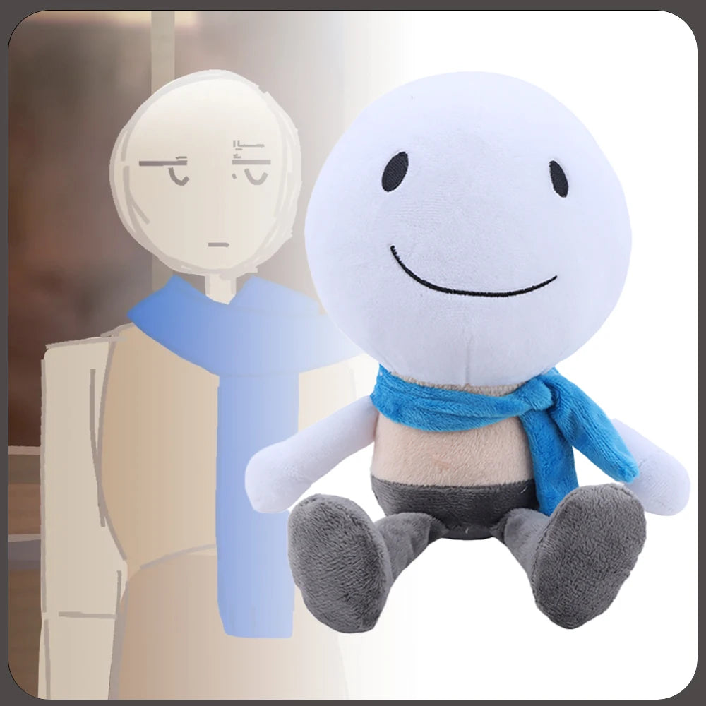 白い笑顔キャラクターの青いマフラーぬいぐるみ