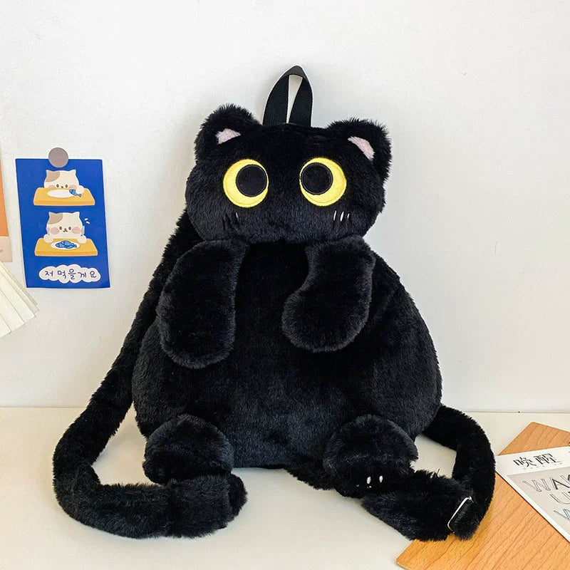 もこもこ黒猫の大きな目 ぬいぐるみリュック