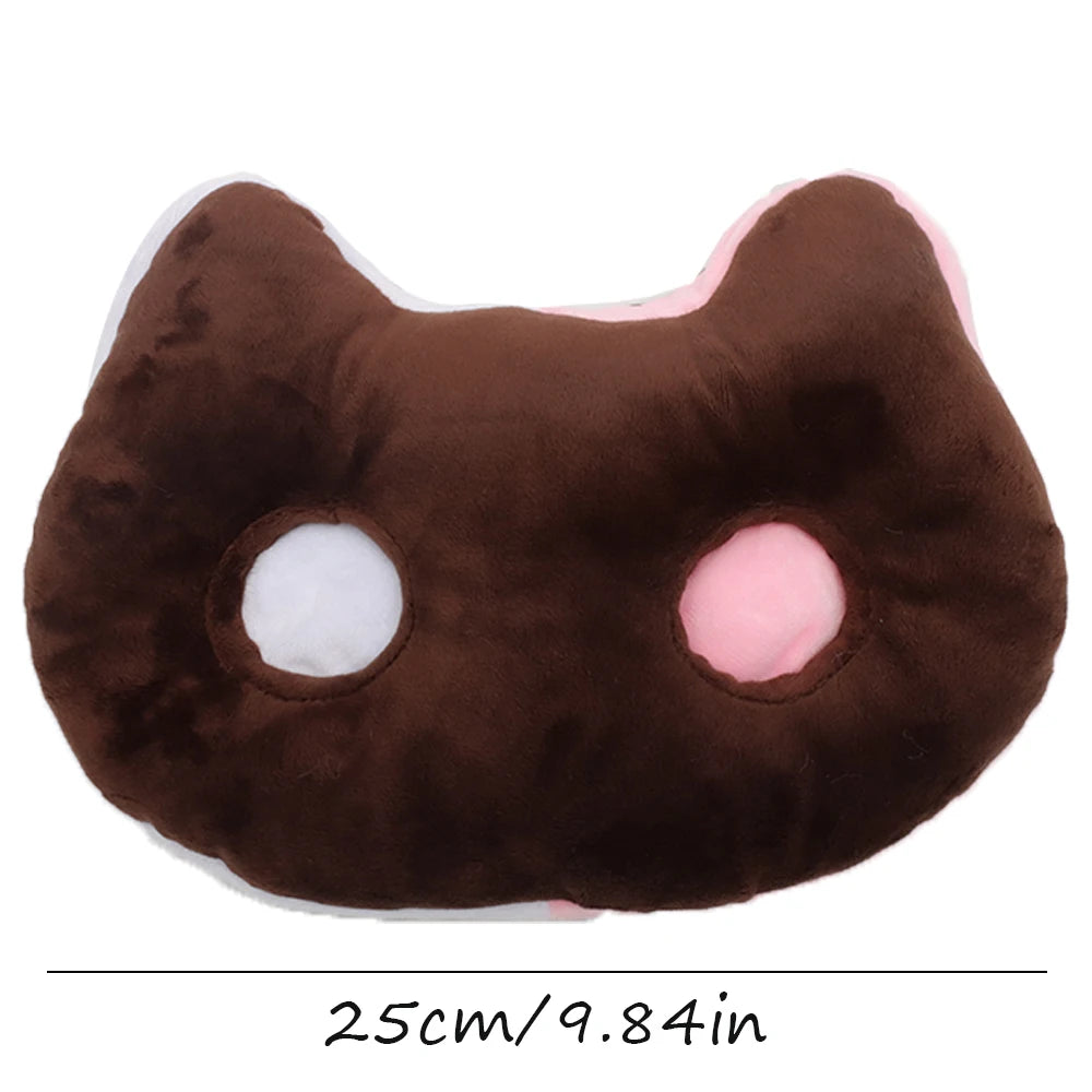 ふわふわ 猫顔 クッション ダークブラウン ピンク耳と目穴