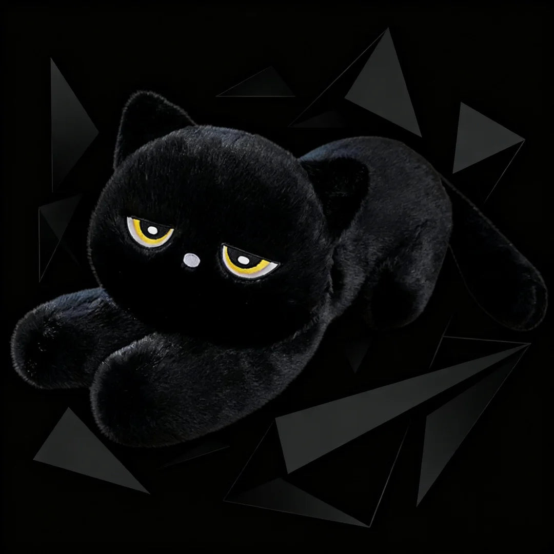 不機嫌顔のふわふわ黒猫 伏せぬいぐるみ