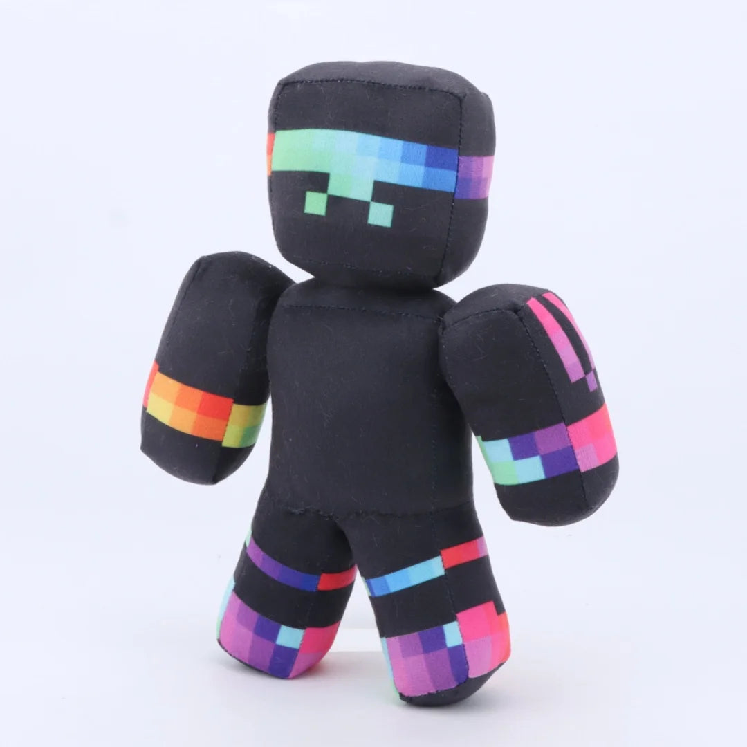 ぬいぐるみ レインボーピクセル柄の黒いブロックキャラクター
